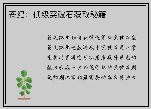 苍纪：低级突破石获取秘籍